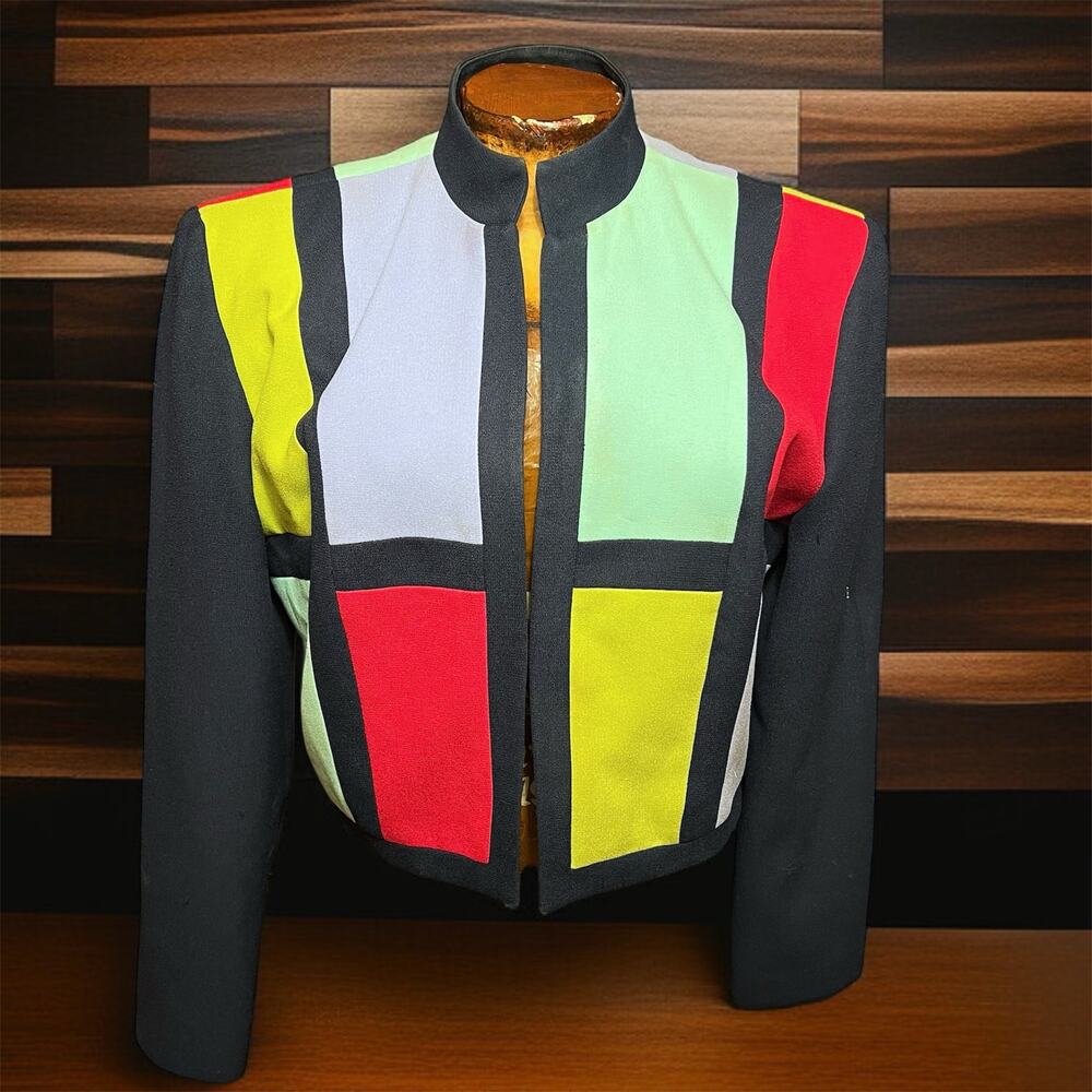 VINTAGE 70s Mondrian Bolero Jacket Size 8 Cropped Double Knit Colorblock Mod
